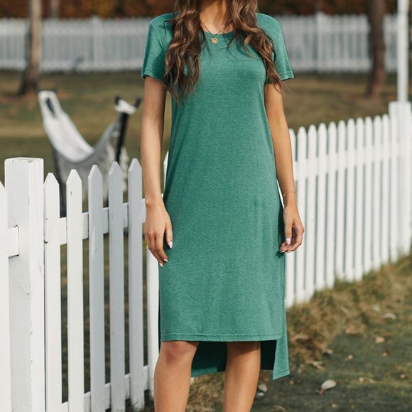 Green Casual Short Sleeve T-shirt Midi Dress with High Splits - Picture 11 of 14